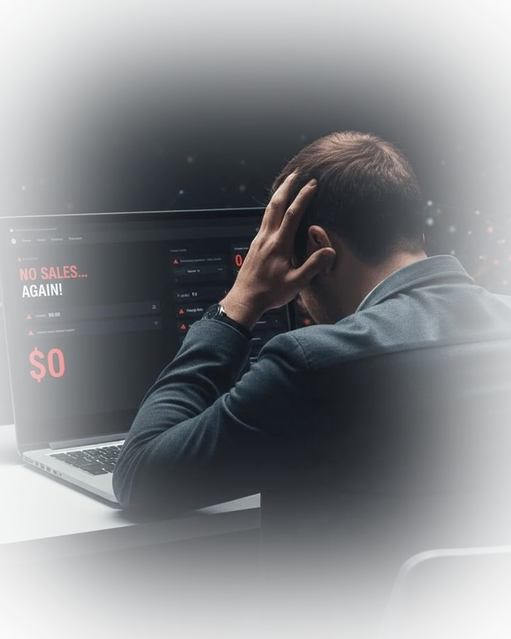 Escena corporativa de un director frustrado frente a un panel mostrando métricas en rojo y fuga de datos. Representa la pérdida de inversión en marketing B2B.